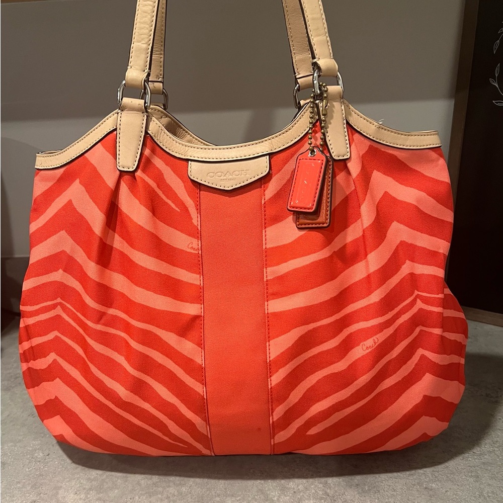 Coach Devin Signature Orange Zebra Print Large Shoulder Bag, model number F24022
